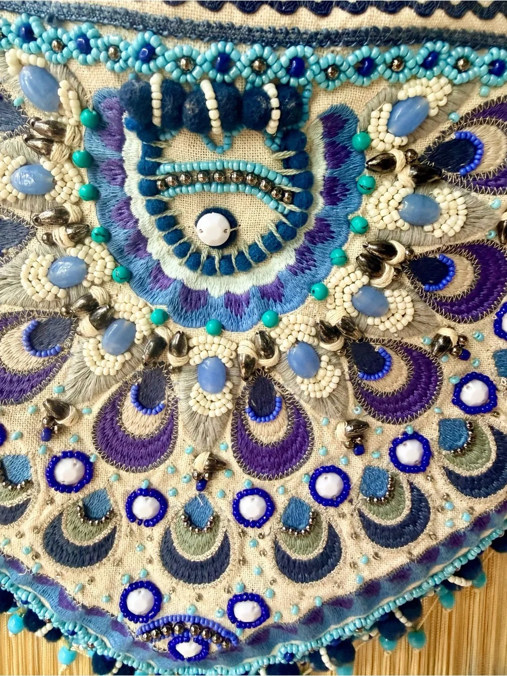 Embroidered Fringe Crossbody Bag in Blue and Cream